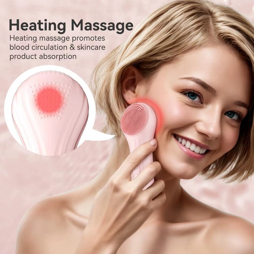 Silicone Face Scrubber Electric Facial Cleansing Brush with Heating Vibration Waterproof Face Wash B...