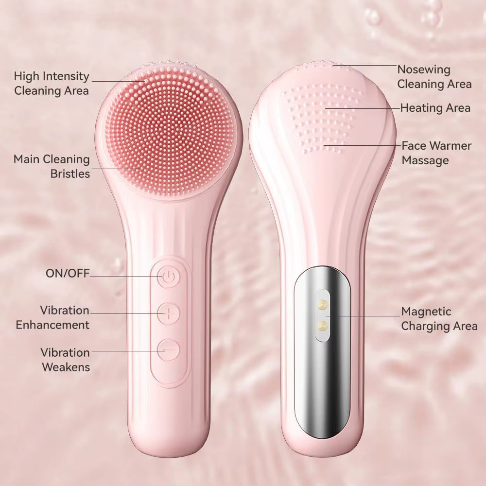 Silicone Face Scrubber Electric Facial Cleansing Brush with Heating Vibration Waterproof Face Wash B...