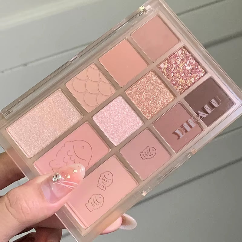 12Color Pink Brown Eye Shadow Tray Pearl Glitter Earth Matte Chocolate Eyeshadow Palette Korea Low S...