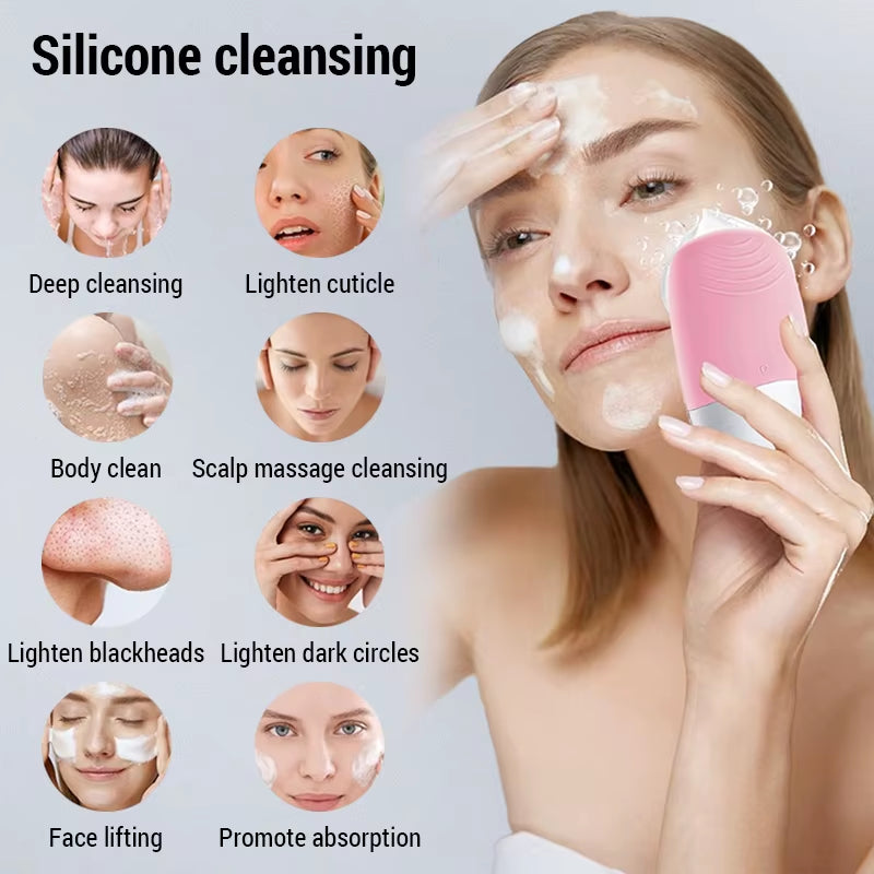 Electric Facial Cleansing Brush Silicone IPX7 Face Massager Facial Cleanser Sonic Vibration Cleaner ...