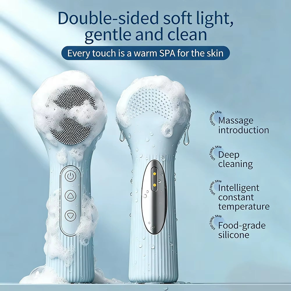 Double-Sided Eletrical Facial Cleansing Men Women Facial Cleansing Brush Heating Silicone Face Wash ...