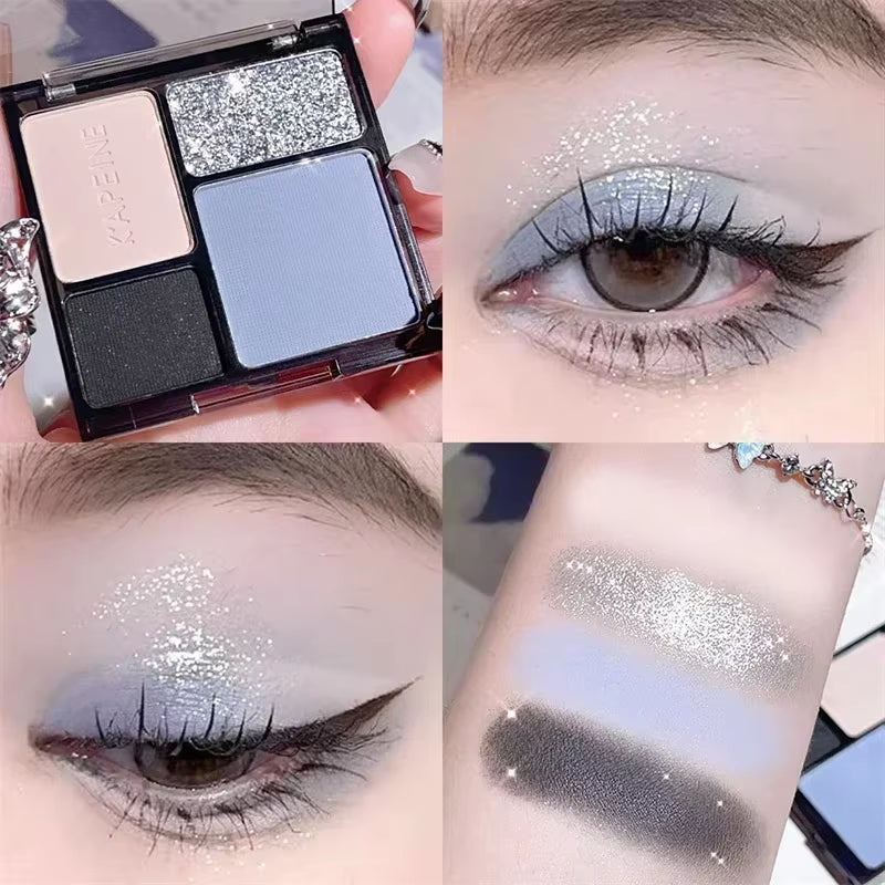 4-Color Eye Shadow Palette Makeup Glitter Blue Pearlescent Metallic Korean Acrylic Smoky Eye Shadow
