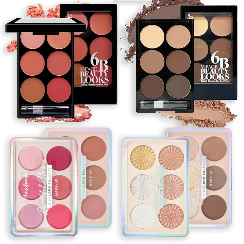 6-Color Blush and Contouring All-In-One Palette Pearlescent Matte Powder Face Blusher Glitter Highli face and cheek